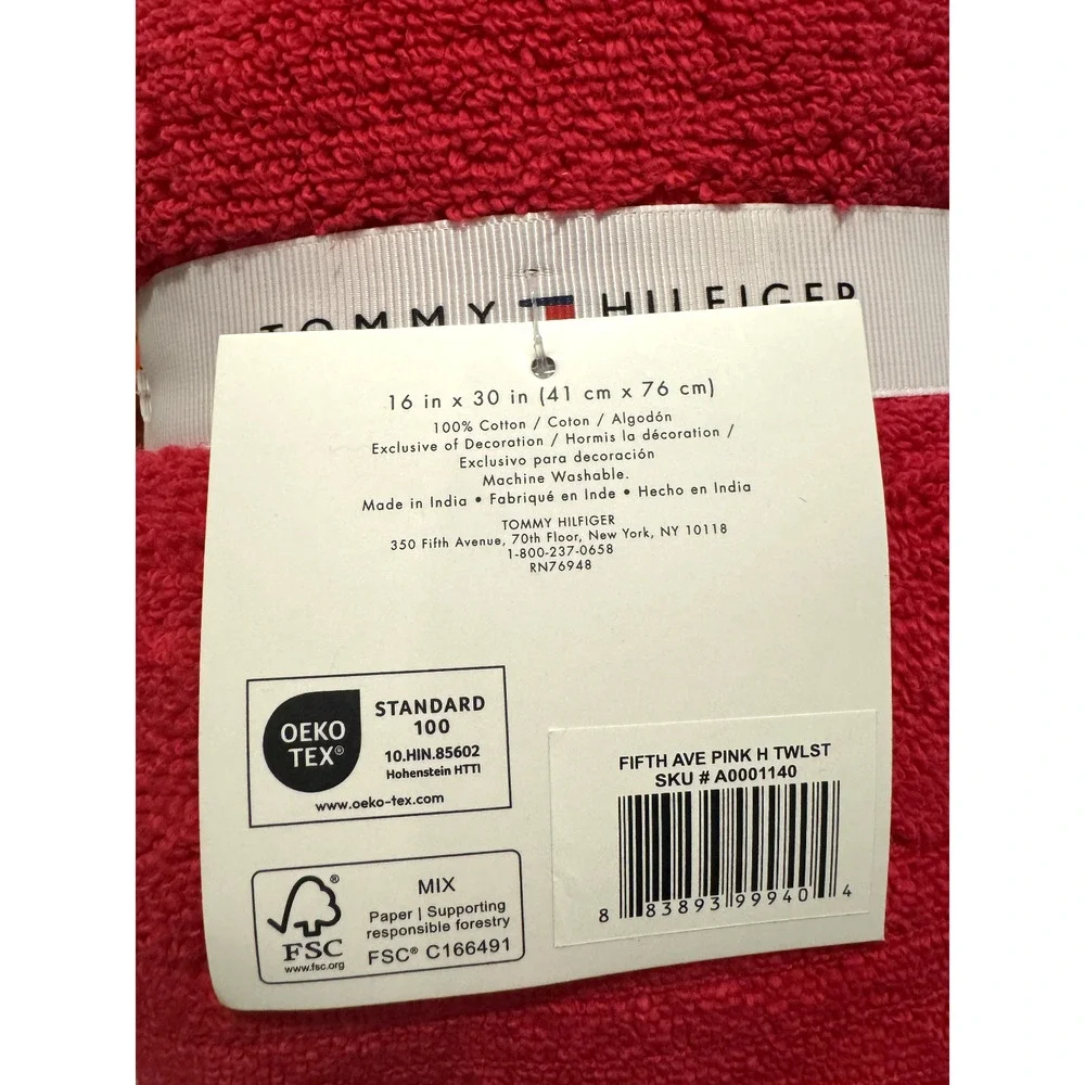 NWT Tommy Hilfiger 2 Piece Hand Towels Absorbent Cotton Pink Twist 16in X 30in